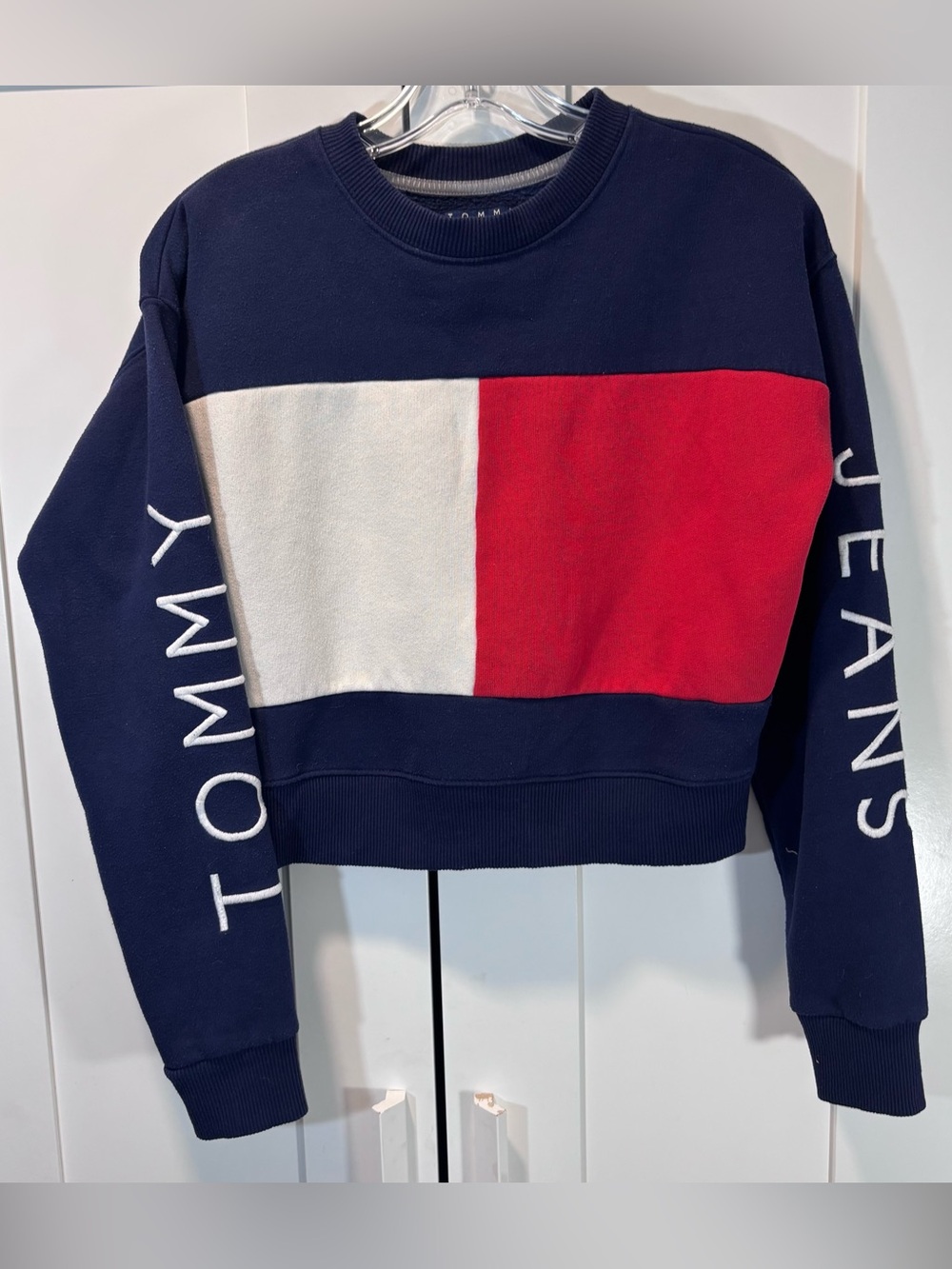 Tommy Jeans Cotton Blend Cropped Crew Sweatshirt Big Flag Logo Navy Red White S